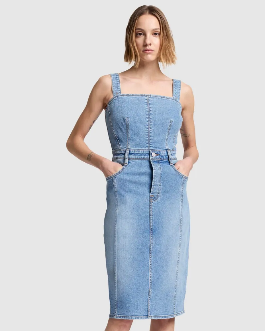 Seamed Denim Midi Dress in Oasis