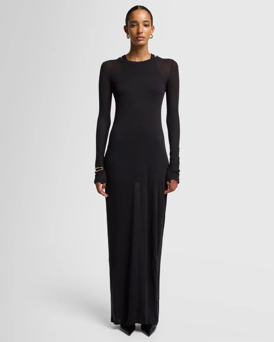 Sheer Long Sleeve Maxi Dress in Black