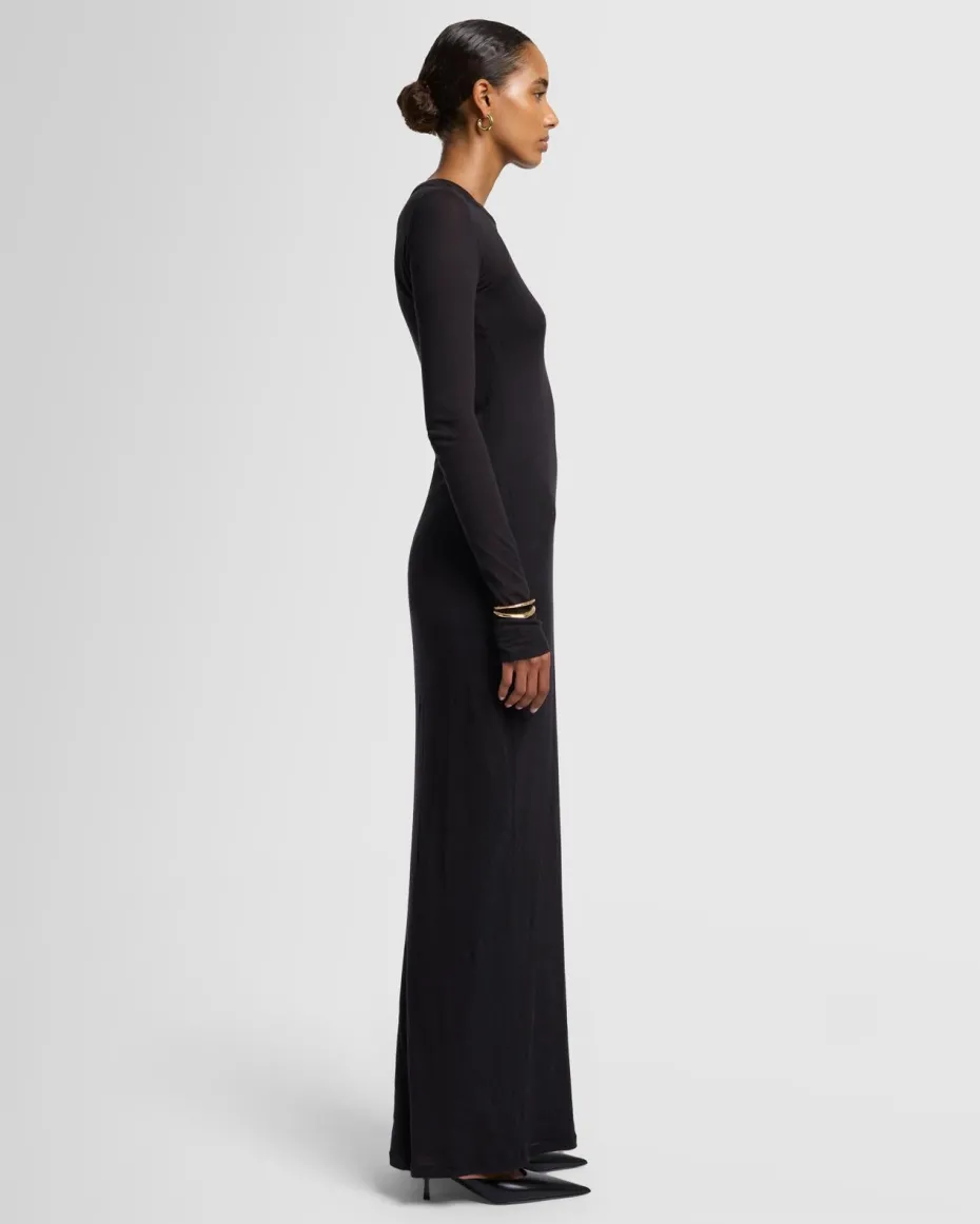 Sheer Long Sleeve Maxi Dress in Black