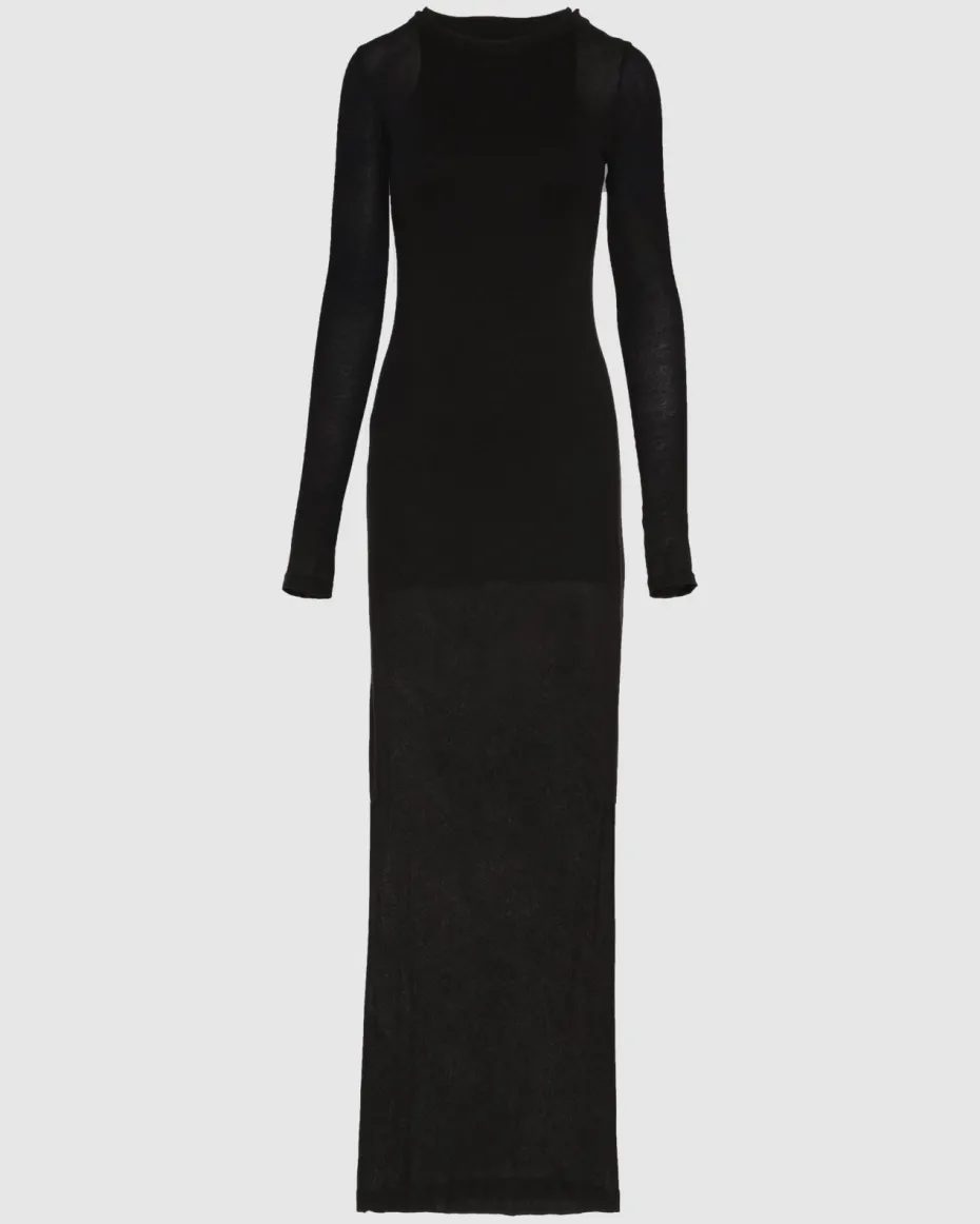 Sheer Long Sleeve Maxi Dress in Black