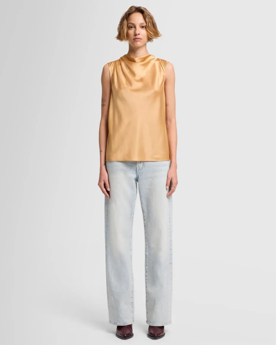 Silk High Neck Draped Blouse in Porcini