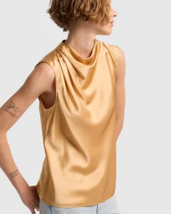 Silk High Neck Draped Blouse in Porcini