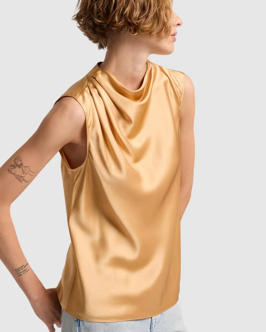 Silk High Neck Draped Blouse in Porcini