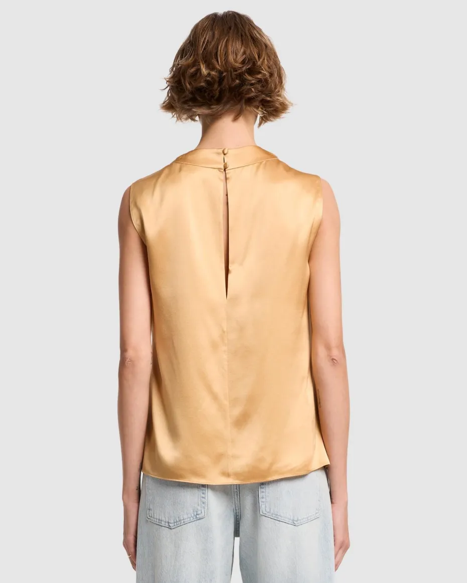 Silk High Neck Draped Blouse in Porcini