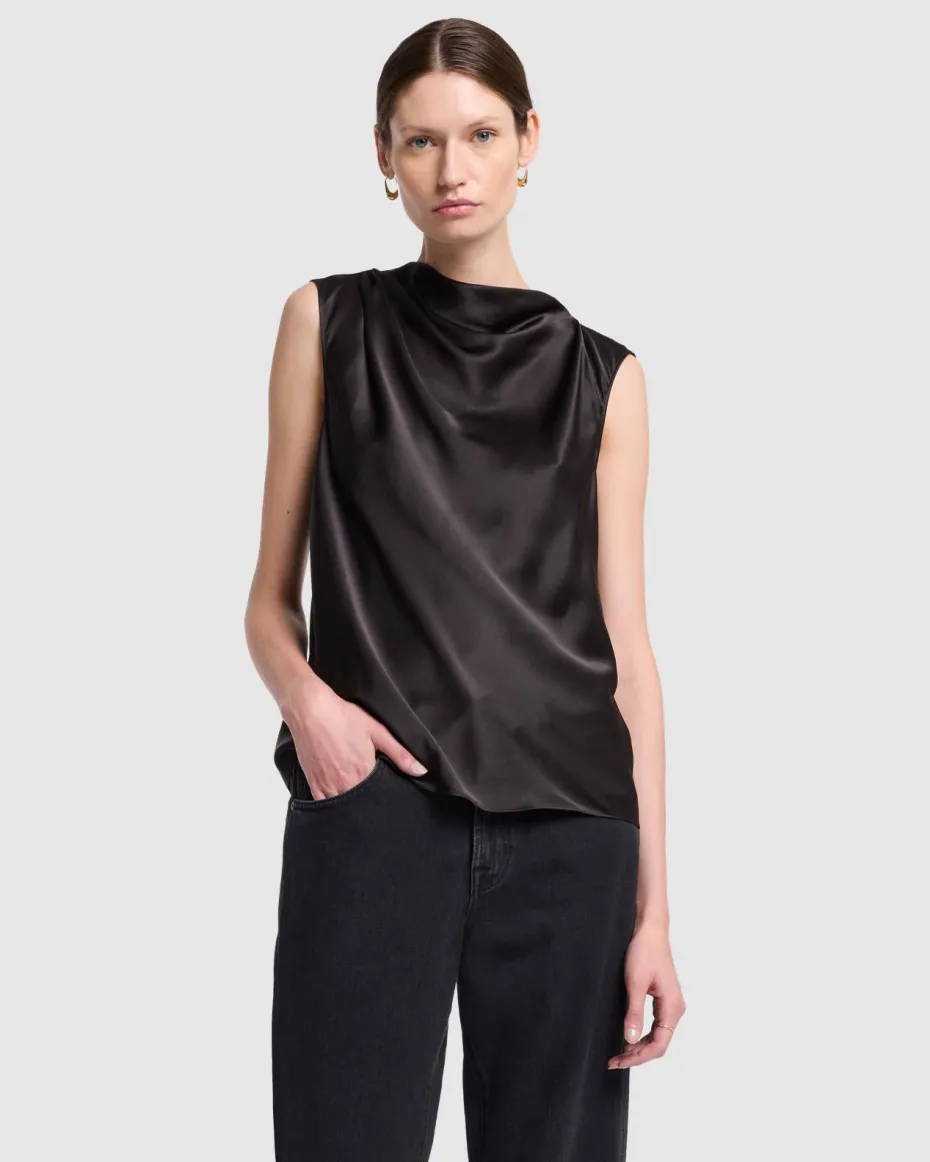 Silk High Neck Draped Blouse in Porcini