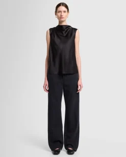 Silk High Neck Draped Blouse in Porcini