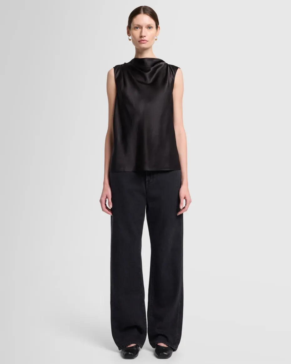 Silk High Neck Draped Blouse in Porcini