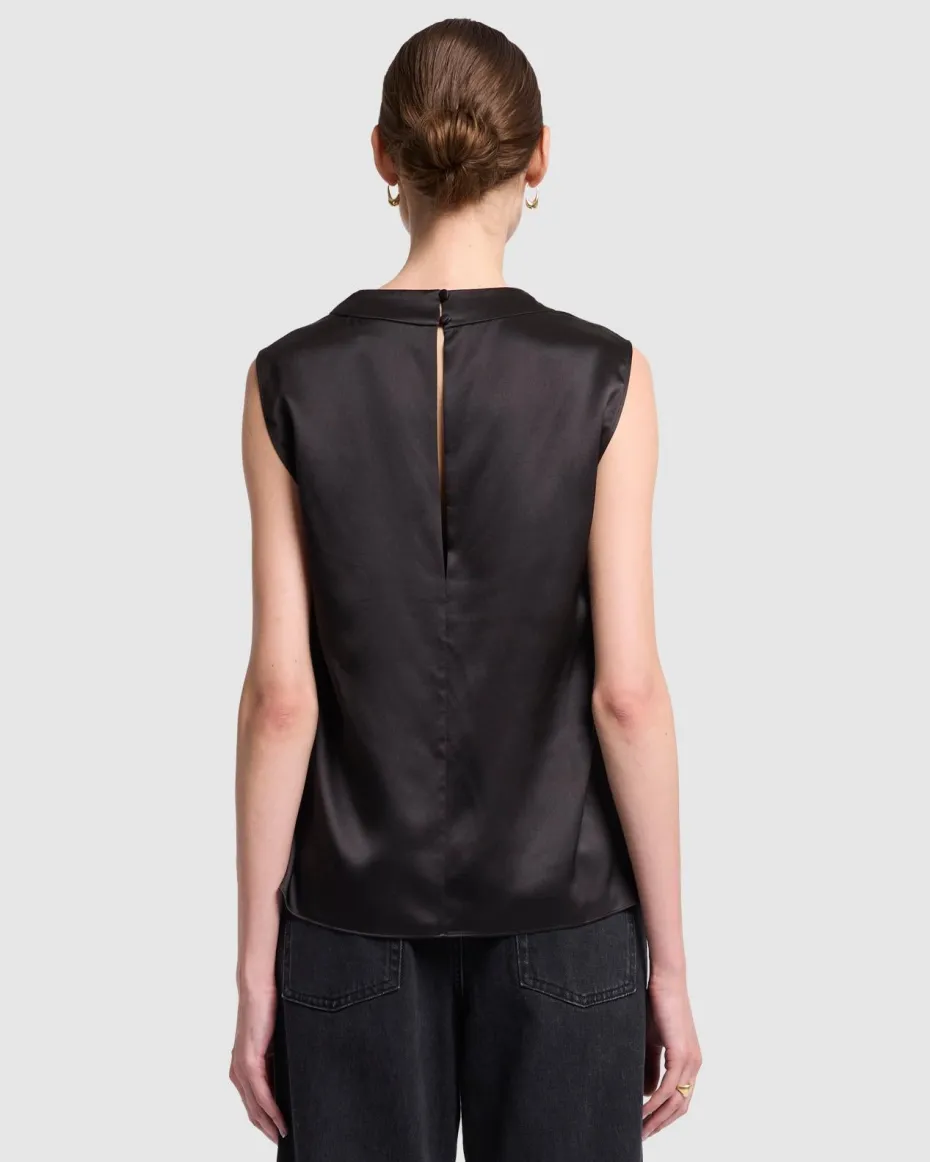 Silk High Neck Draped Blouse in Porcini