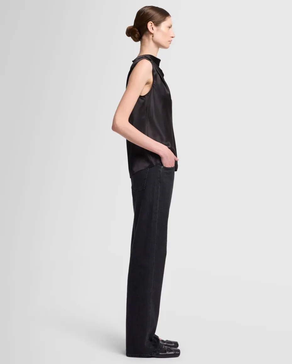 Silk High Neck Draped Blouse in Porcini