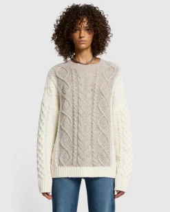 Wool Mock Neck Cable Pullover in Quiet Grey