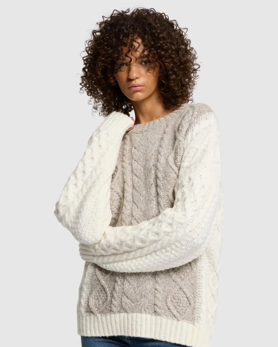 Wool Mock Neck Cable Pullover in Quiet Grey